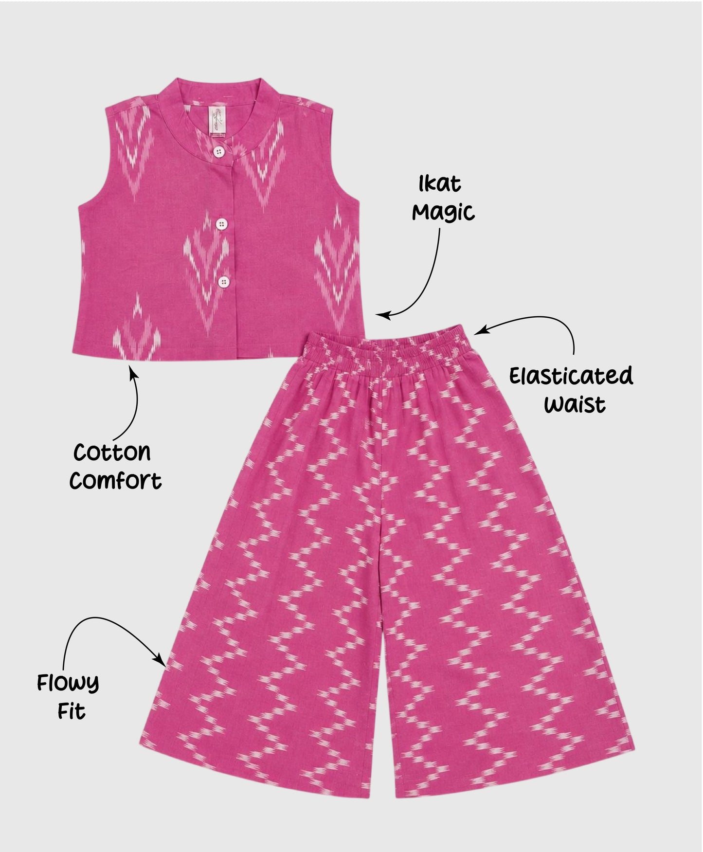The Magic Wand Cotton Sleeveless Ikat Printed Top And Palazzo Set - Pink