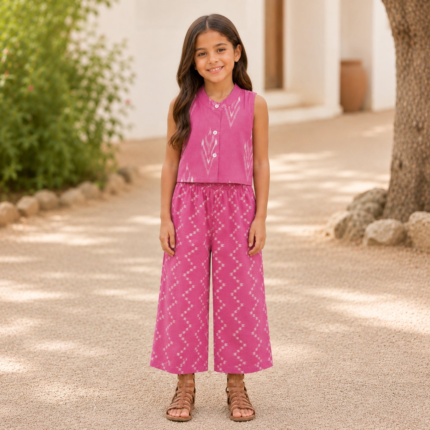 The Magic Wand Cotton Sleeveless Ikat Printed Top And Palazzo Set - Pink