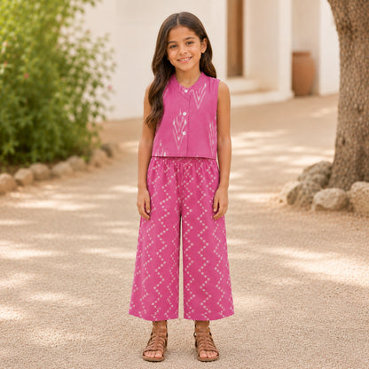 The Magic Wand Cotton Sleeveless Ikat Printed Top And Palazzo Set - Pink
