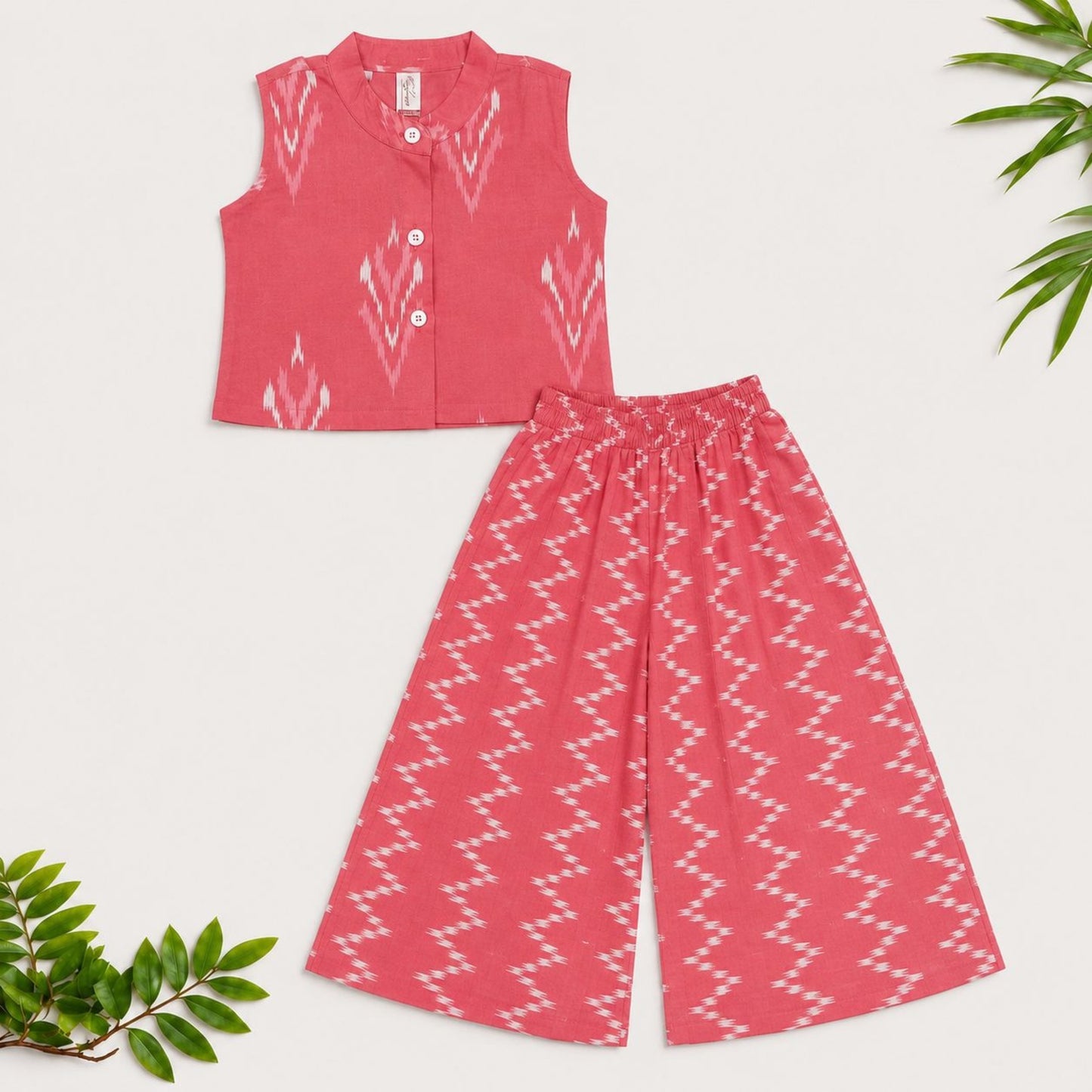 The Magic Wand Cotton Sleeveless Ikat Printed Top And Palazzo Set - Peach
