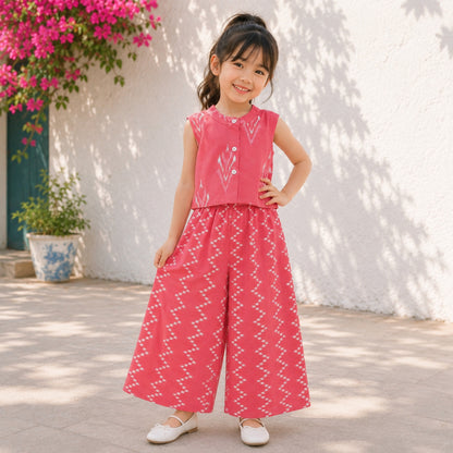 The Magic Wand Cotton Sleeveless Ikat Printed Top And Palazzo Set - Peach