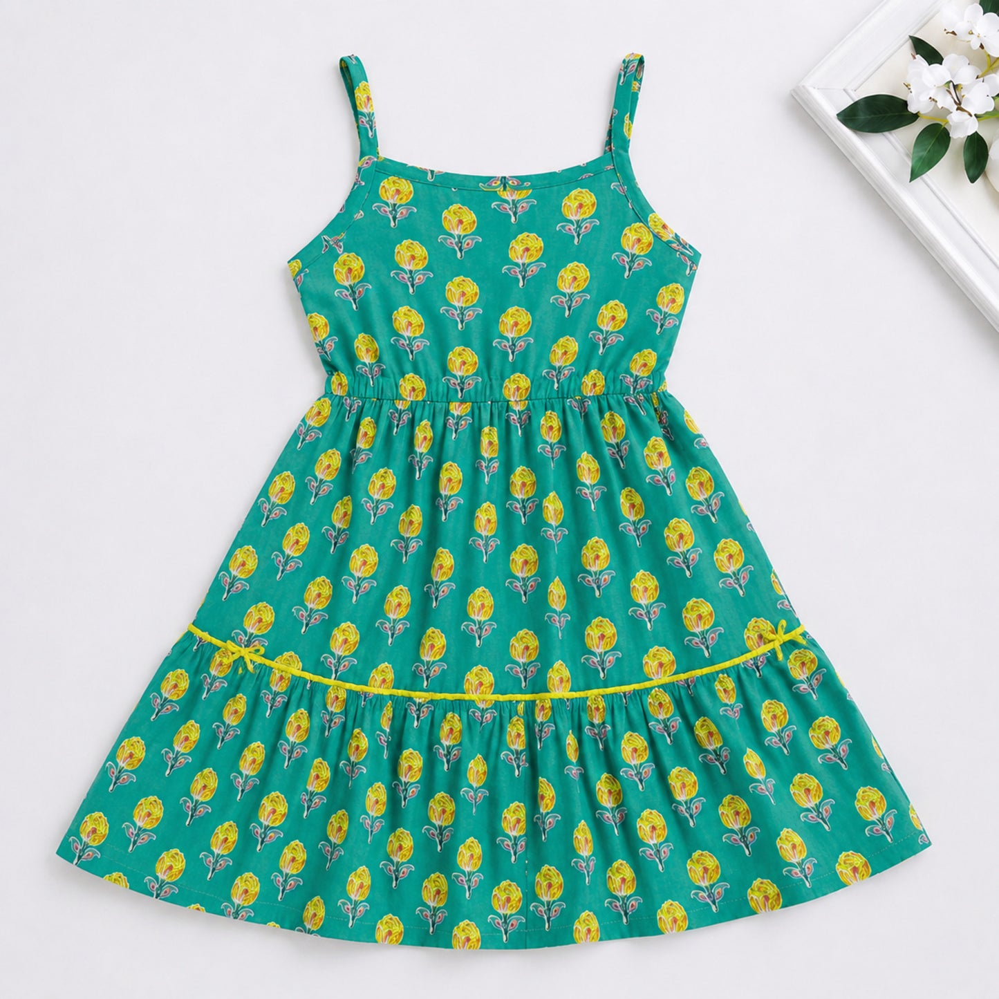 The Magic Wand Cotton Woven Strappy Floral Printed Dress - Turquoise