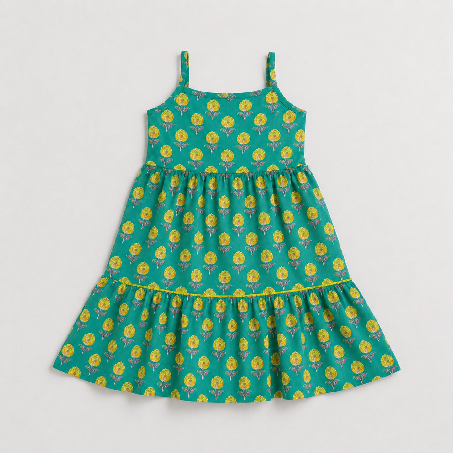 The Magic Wand Cotton Woven Strappy Floral Printed Dress - Turquoise