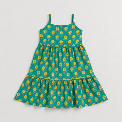 The Magic Wand Cotton Woven Strappy Floral Printed Dress - Turquoise