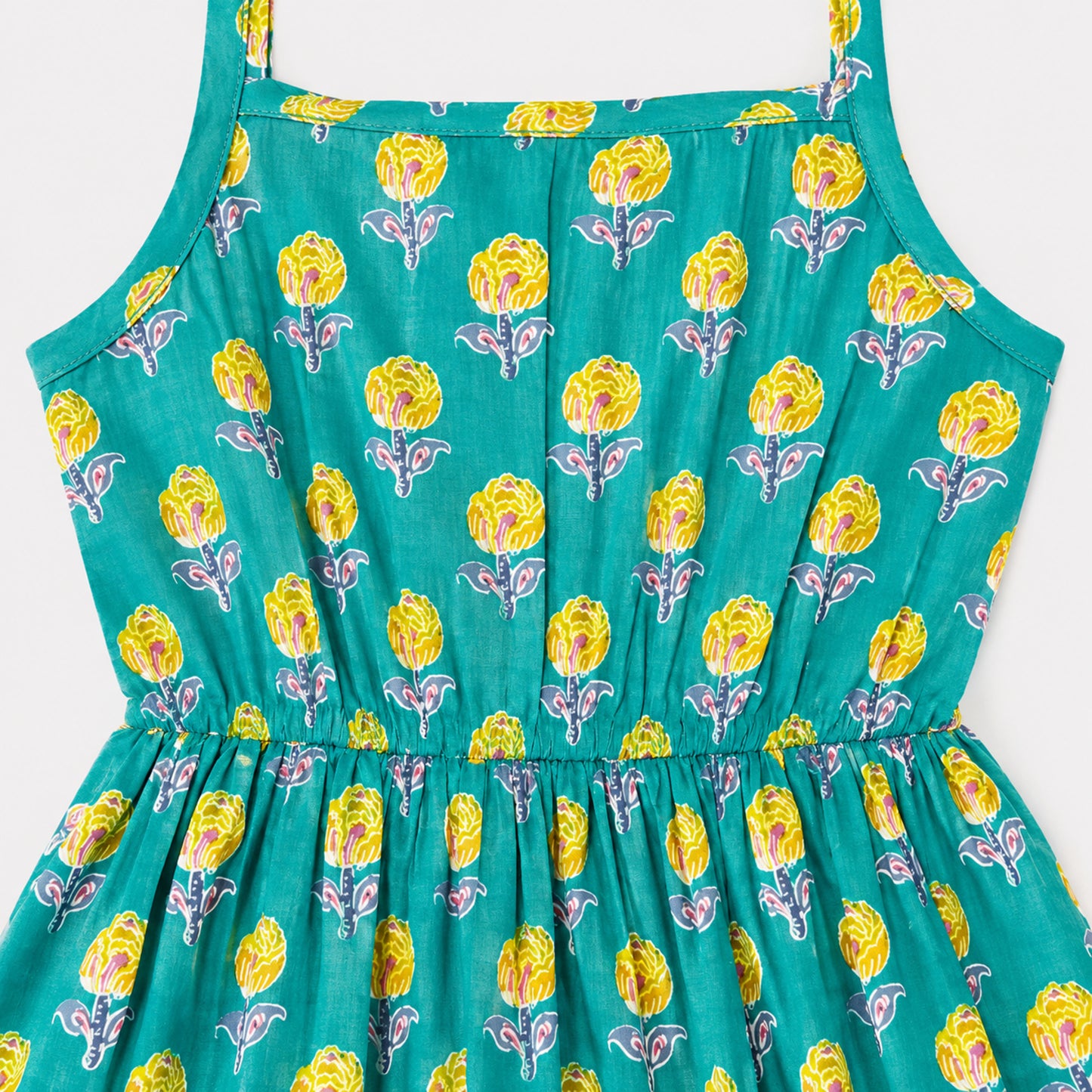 The Magic Wand Cotton Woven Strappy Floral Printed Dress - Turquoise