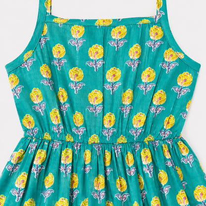 The Magic Wand Cotton Woven Strappy Floral Printed Dress - Turquoise