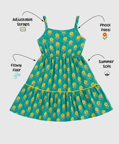 The Magic Wand Cotton Woven Strappy Floral Printed Dress - Turquoise