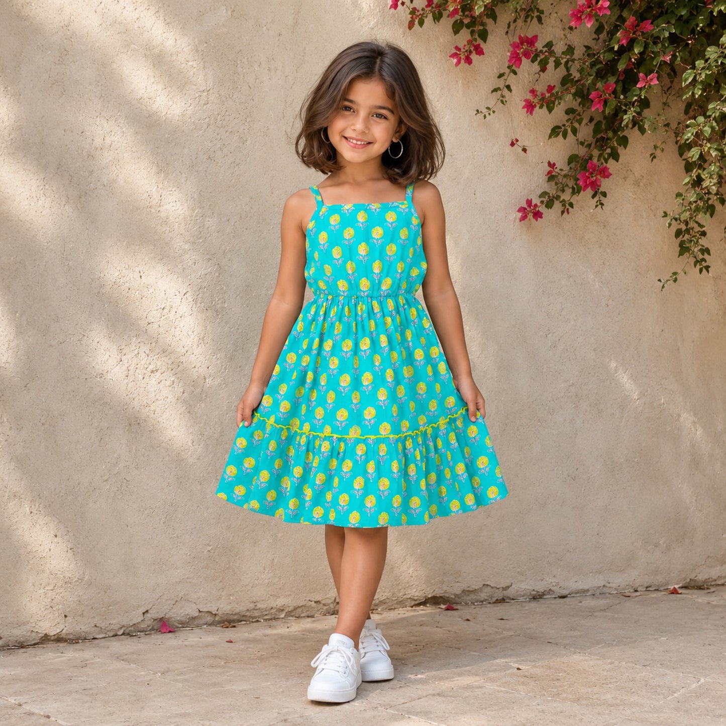 The Magic Wand Cotton Woven Strappy Floral Printed Dress - Turquoise