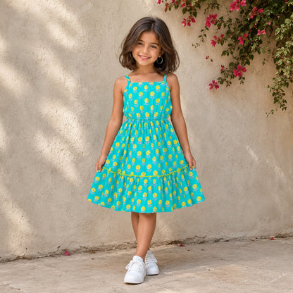 The Magic Wand Cotton Woven Strappy Floral Printed Dress - Turquoise