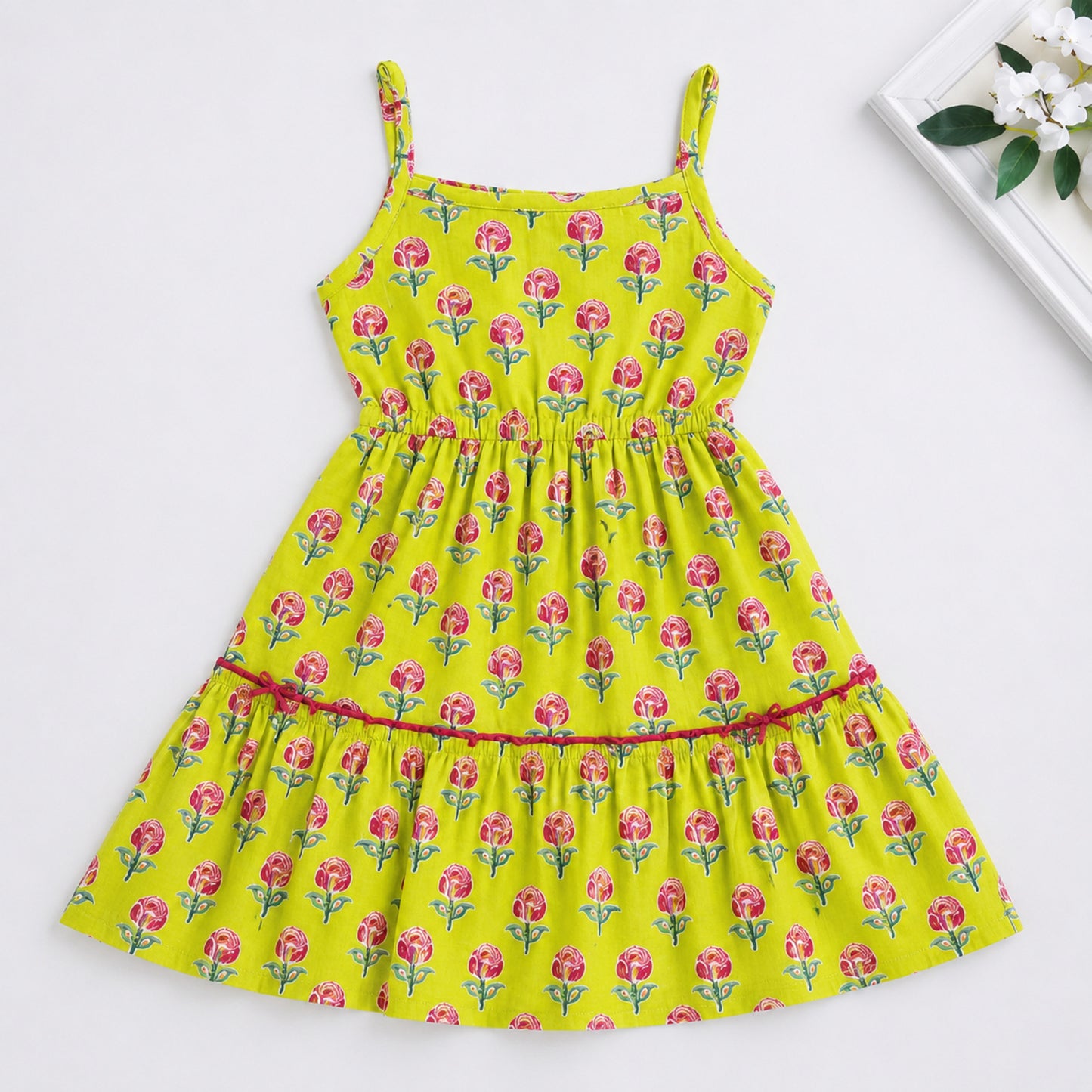 The Magic Wand Cotton Woven Strappy Floral Printed Dress - Yellow