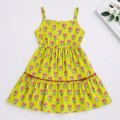 The Magic Wand Cotton Woven Strappy Floral Printed Dress - Yellow