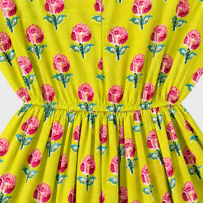 The Magic Wand Cotton Woven Strappy Floral Printed Dress - Yellow