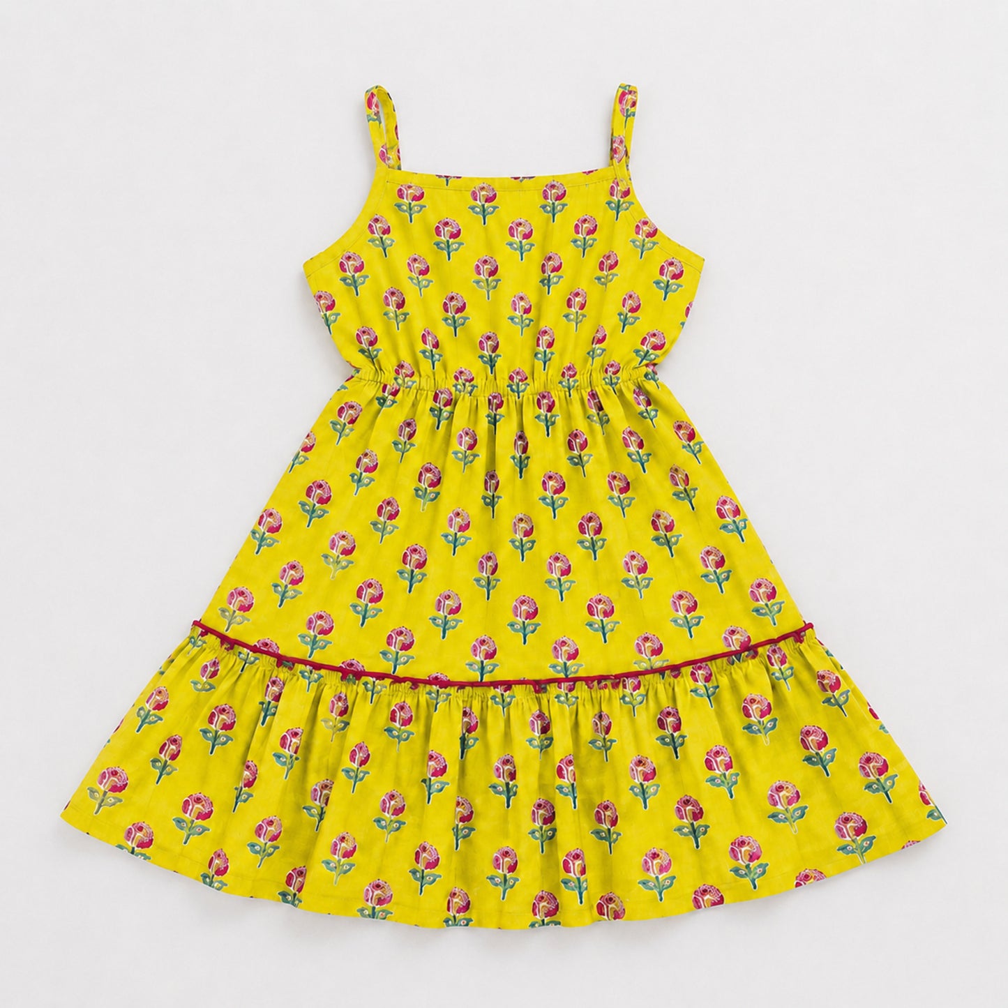 The Magic Wand Cotton Woven Strappy Floral Printed Dress - Yellow