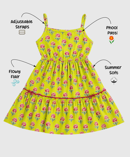 The Magic Wand Cotton Woven Strappy Floral Printed Dress - Yellow