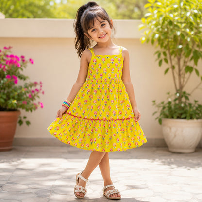 The Magic Wand Cotton Woven Strappy Floral Printed Dress - Yellow