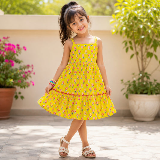 The Magic Wand Cotton Woven Strappy Floral Printed Dress - Yellow