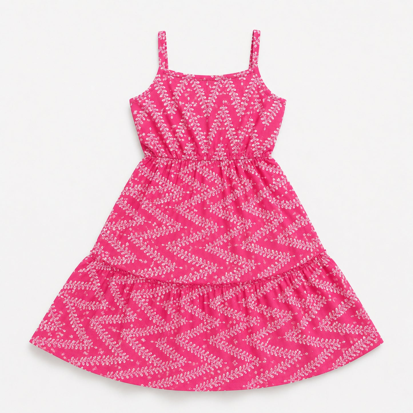 The Magic Wand Cotton Woven Strappy Zig Zag Leaf Printed Dress - Pink