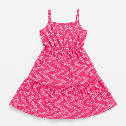 The Magic Wand Cotton Woven Strappy Zig Zag Leaf Printed Dress - Pink