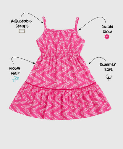 The Magic Wand Cotton Woven Strappy Zig Zag Leaf Printed Dress - Pink