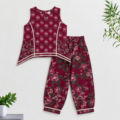 The Magic Wand Cambric Cotton Woven Sleeveless Floral Printed Laced Kurti And Afghani Pant Set - Magenta
