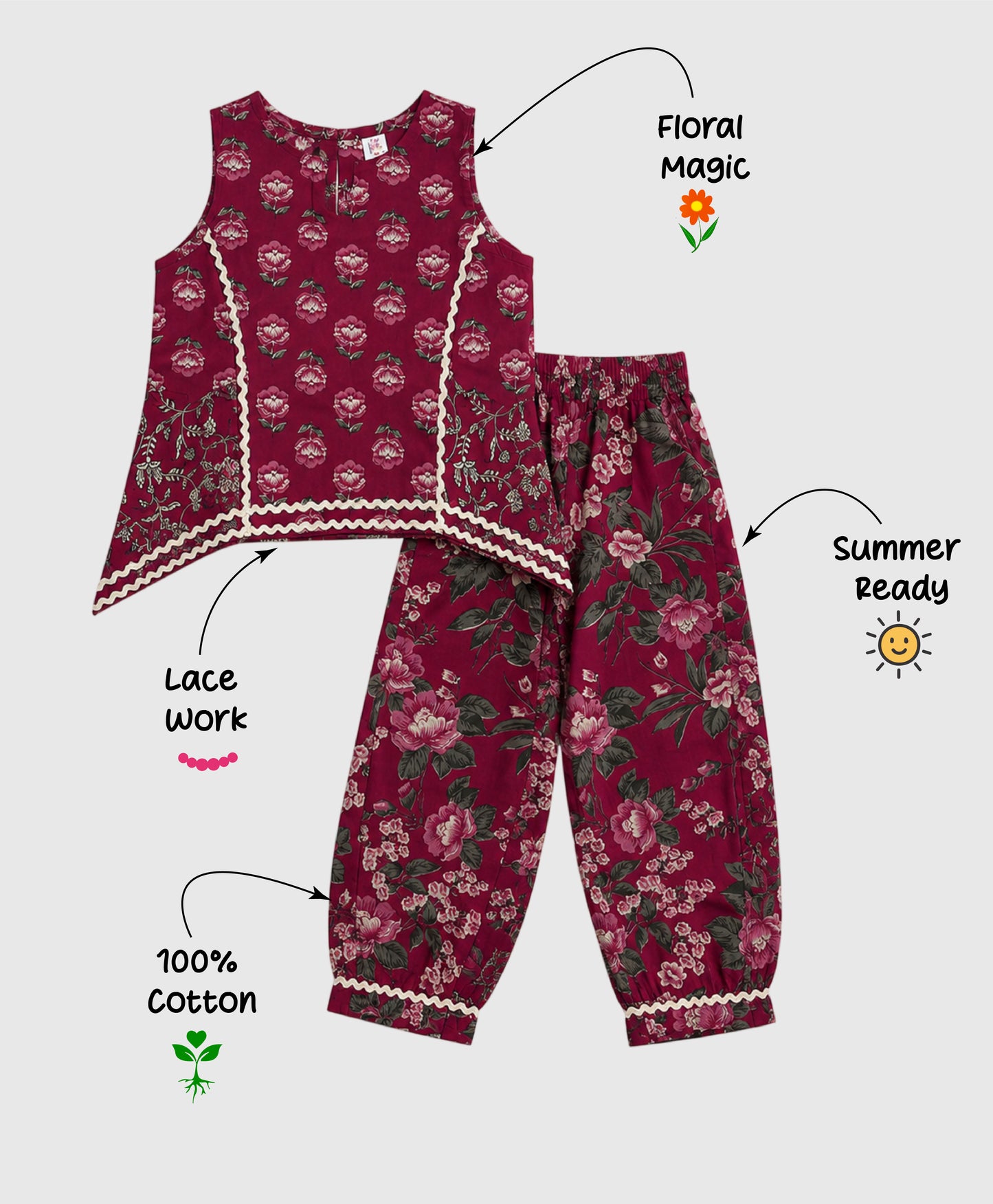 The Magic Wand Cambric Cotton Woven Sleeveless Floral Printed Laced Kurti And Afghani Pant Set - Magenta