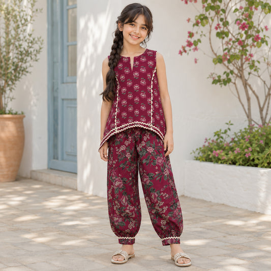 The Magic Wand Cambric Cotton Woven Sleeveless Floral Printed Laced Kurti And Afghani Pant Set - Magenta