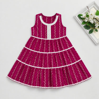 The Magic Wand Cambric Cotton Woven Sleeveless Zig Zag Printed Laced Tiered Dress - Fuchsia