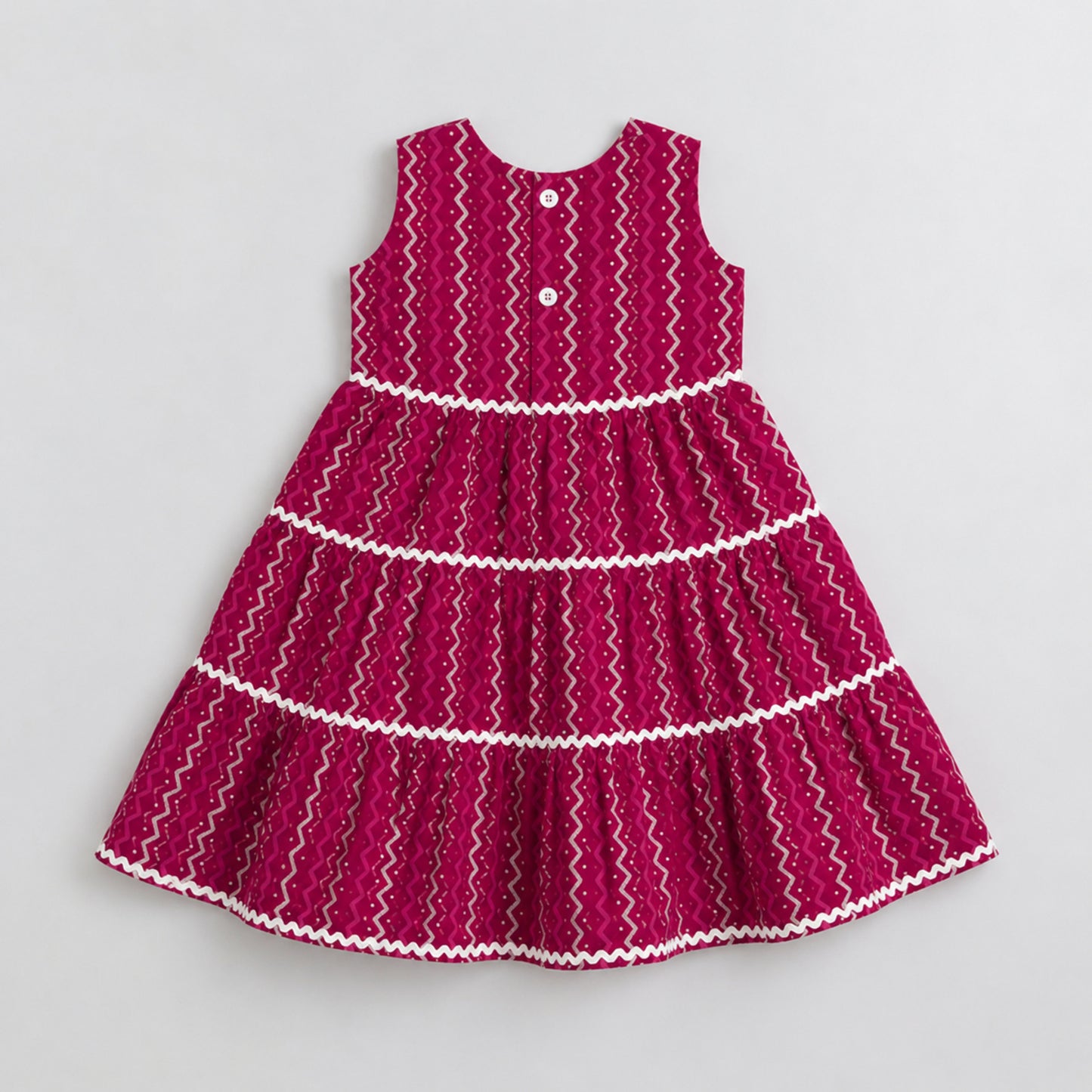 The Magic Wand Cambric Cotton Woven Sleeveless Zig Zag Printed Laced Tiered Dress - Fuchsia