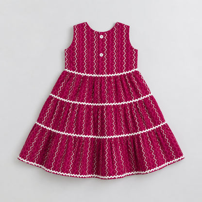The Magic Wand Cambric Cotton Woven Sleeveless Zig Zag Printed Laced Tiered Dress - Fuchsia