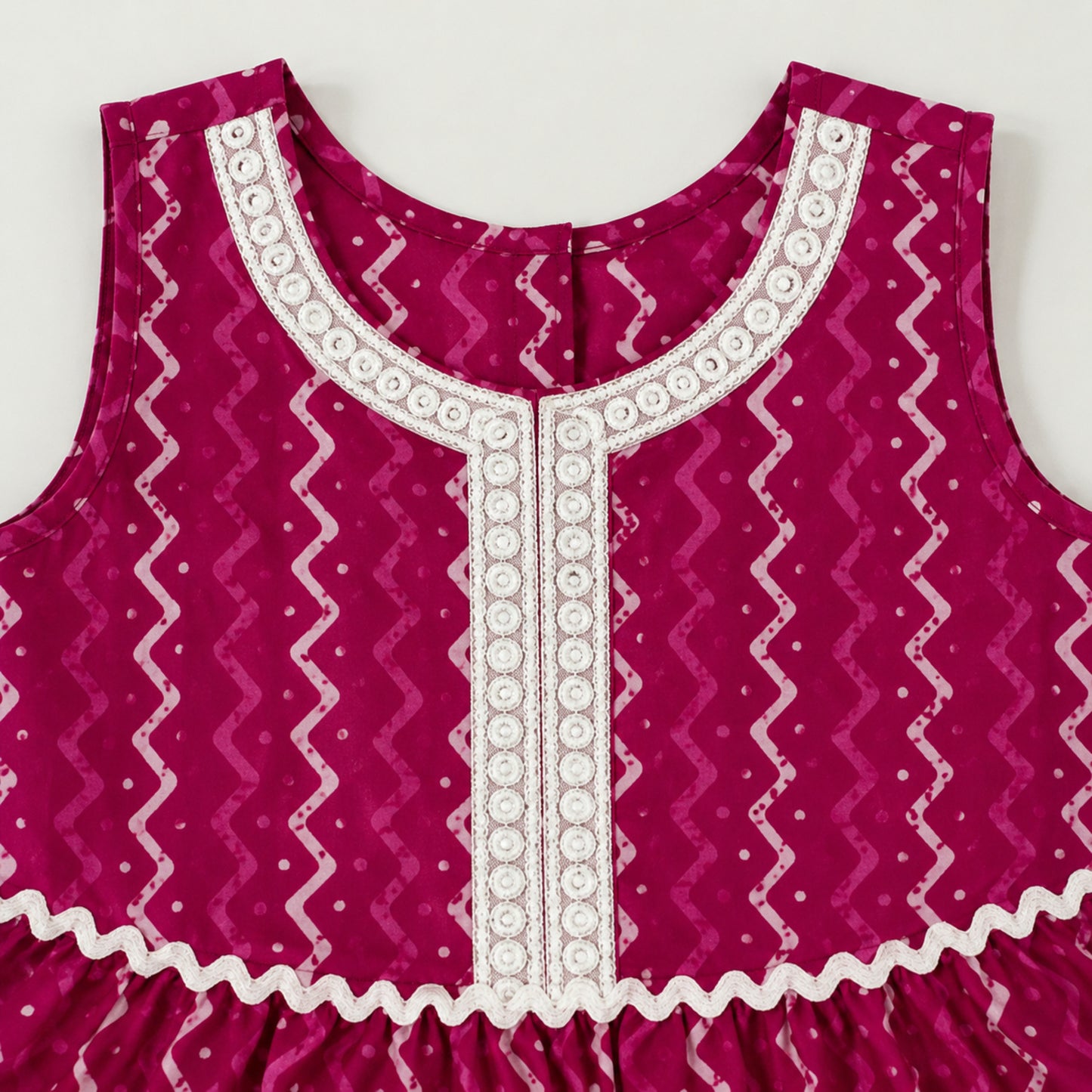 The Magic Wand Cambric Cotton Woven Sleeveless Zig Zag Printed Laced Tiered Dress - Fuchsia