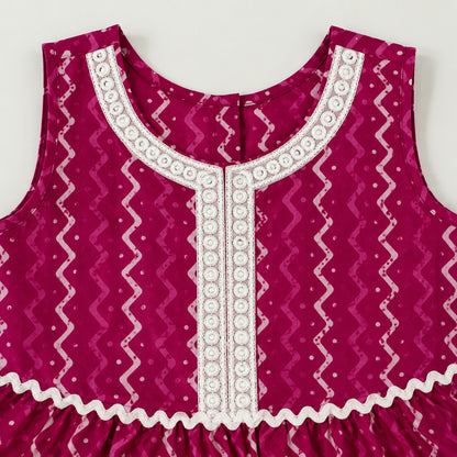 The Magic Wand Cambric Cotton Woven Sleeveless Zig Zag Printed Laced Tiered Dress - Fuchsia