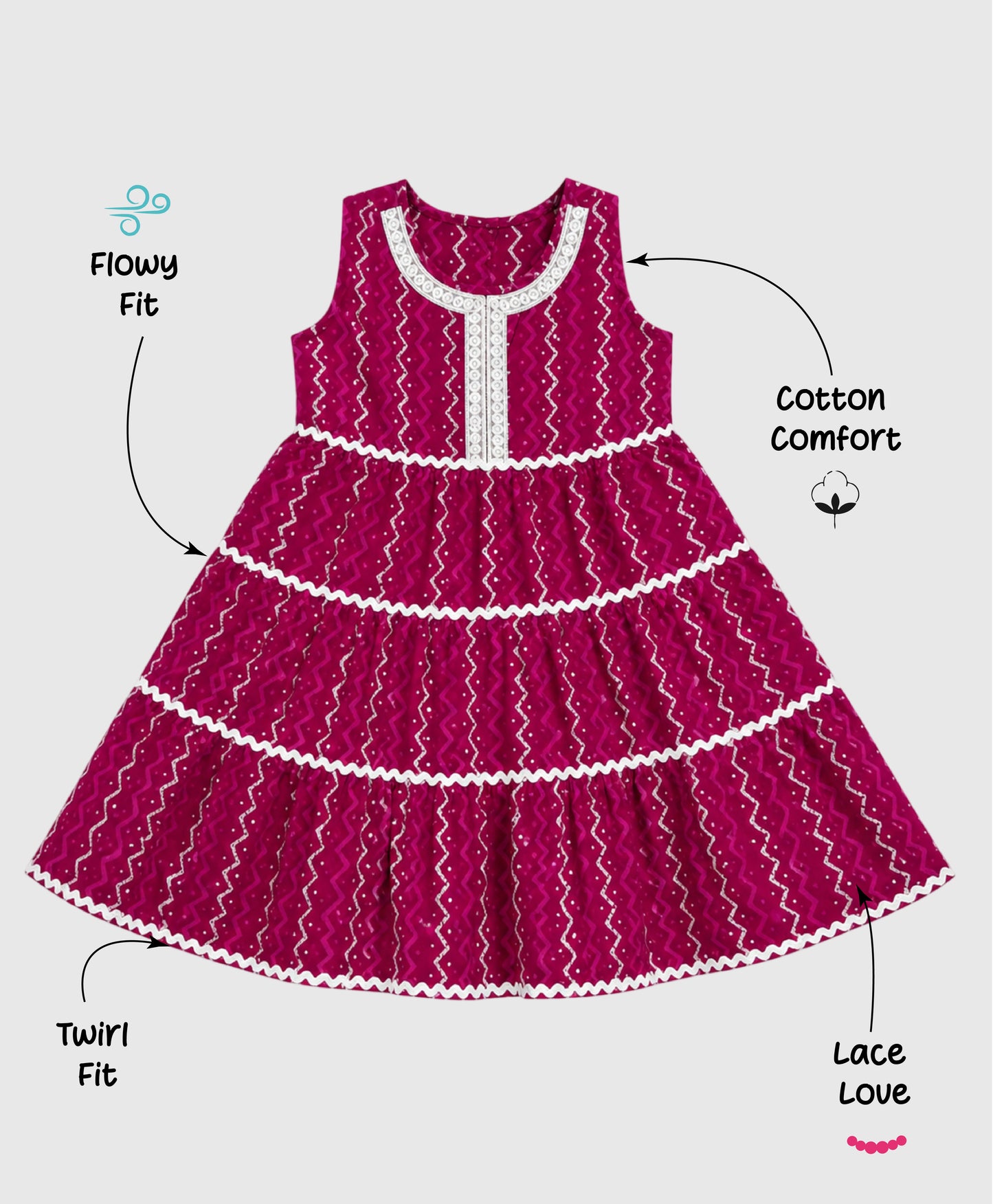 The Magic Wand Cambric Cotton Woven Sleeveless Zig Zag Printed Laced Tiered Dress - Fuchsia