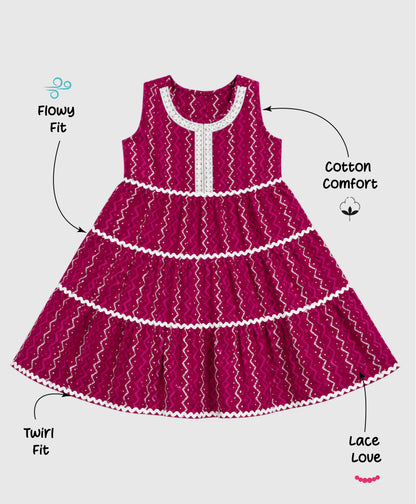 The Magic Wand Cambric Cotton Woven Sleeveless Zig Zag Printed Laced Tiered Dress - Fuchsia