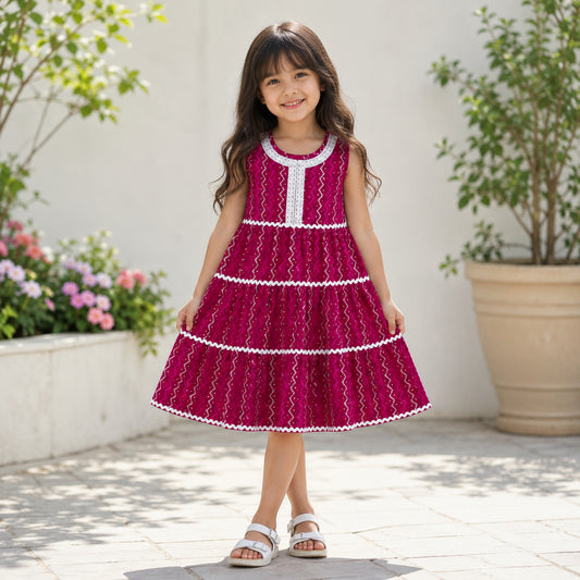 The Magic Wand Cambric Cotton Woven Sleeveless Zig Zag Printed Laced Tiered Dress - Fuchsia
