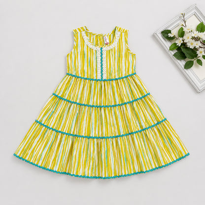 The Magic Wand Cambric Cotton Woven Sleeveless Abstract Stripe Printed Laced Tiered Dress - Yellow