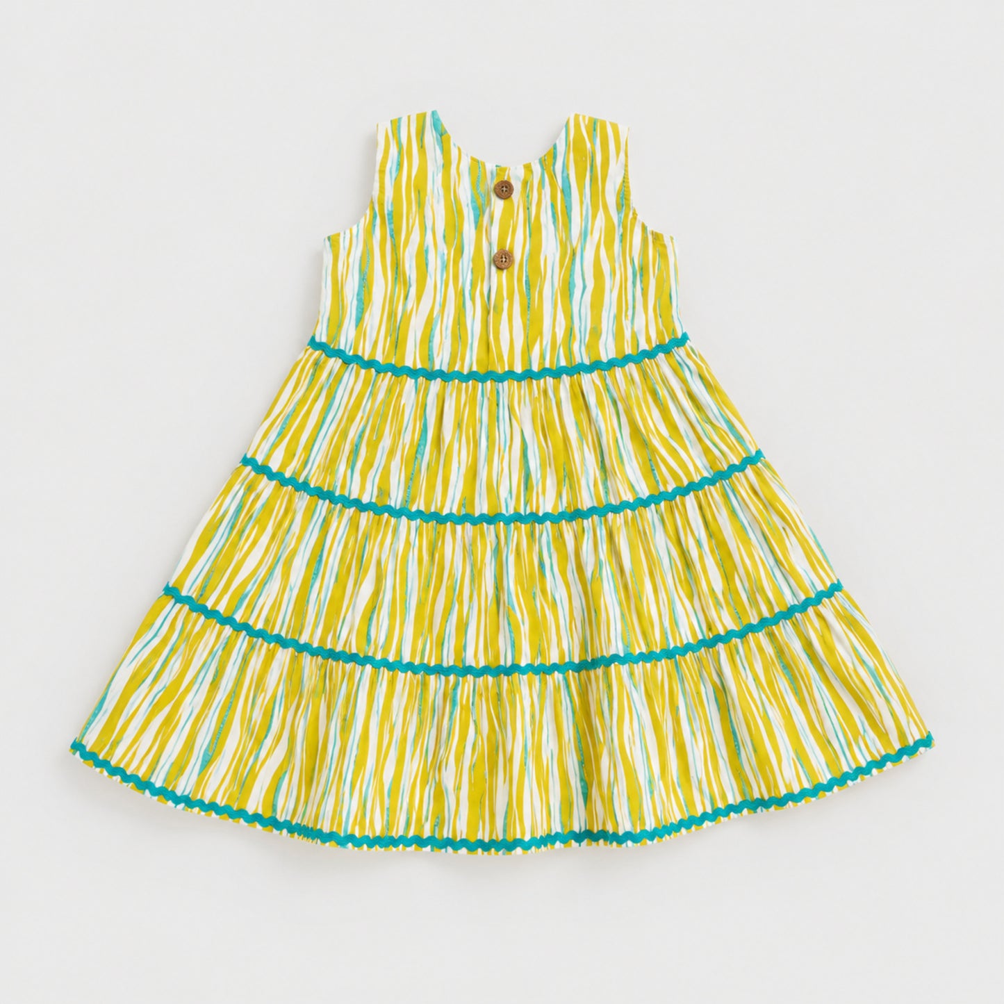 The Magic Wand Cambric Cotton Woven Sleeveless Abstract Stripe Printed Laced Tiered Dress - Yellow