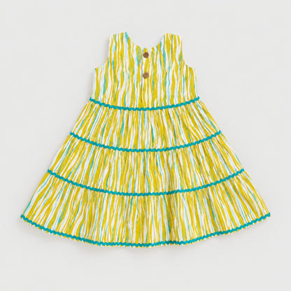 The Magic Wand Cambric Cotton Woven Sleeveless Abstract Stripe Printed Laced Tiered Dress - Yellow