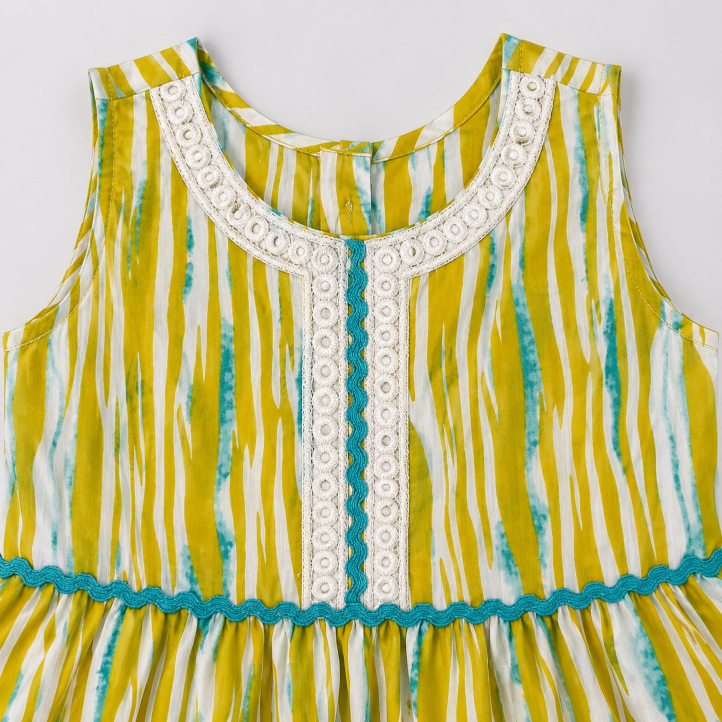The Magic Wand Cambric Cotton Woven Sleeveless Abstract Stripe Printed Laced Tiered Dress - Yellow