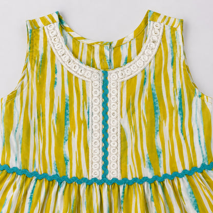 The Magic Wand Cambric Cotton Woven Sleeveless Abstract Stripe Printed Laced Tiered Dress - Yellow