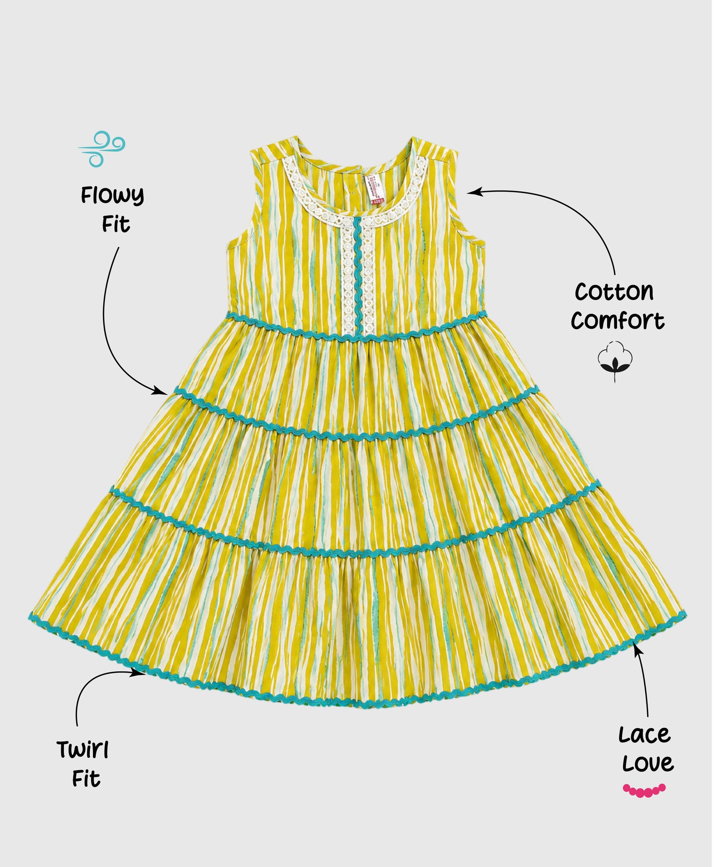 The Magic Wand Cambric Cotton Woven Sleeveless Abstract Stripe Printed Laced Tiered Dress - Yellow