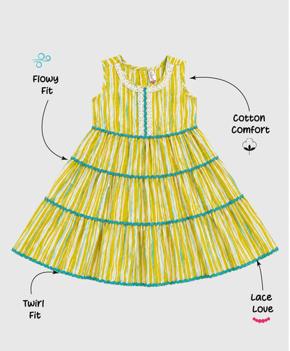 The Magic Wand Cambric Cotton Woven Sleeveless Abstract Stripe Printed Laced Tiered Dress - Yellow