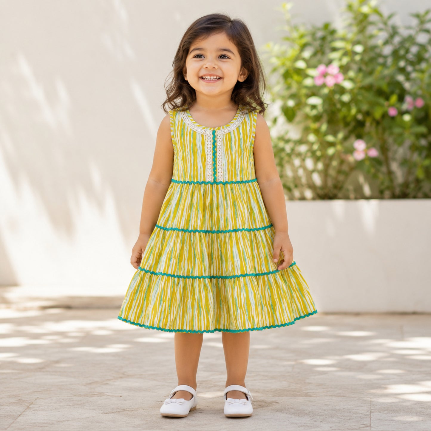The Magic Wand Cambric Cotton Woven Sleeveless Abstract Stripe Printed Laced Tiered Dress - Yellow