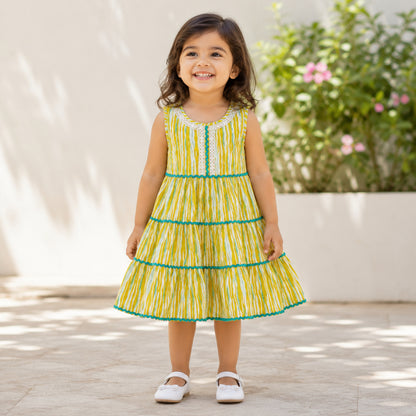 The Magic Wand Cambric Cotton Woven Sleeveless Abstract Stripe Printed Laced Tiered Dress - Yellow