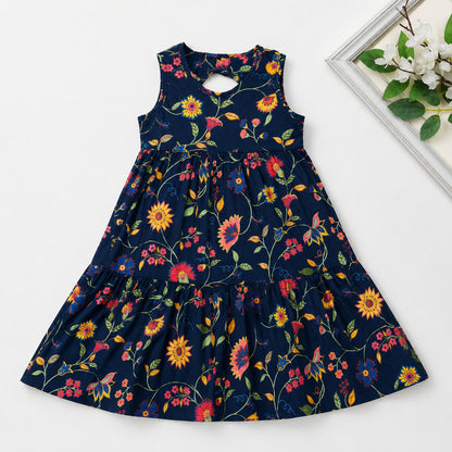 The Magic Wand Cambric Cotton Woven Sleeveless Floral Printed Back Cut - Out Dress - Navy Blue