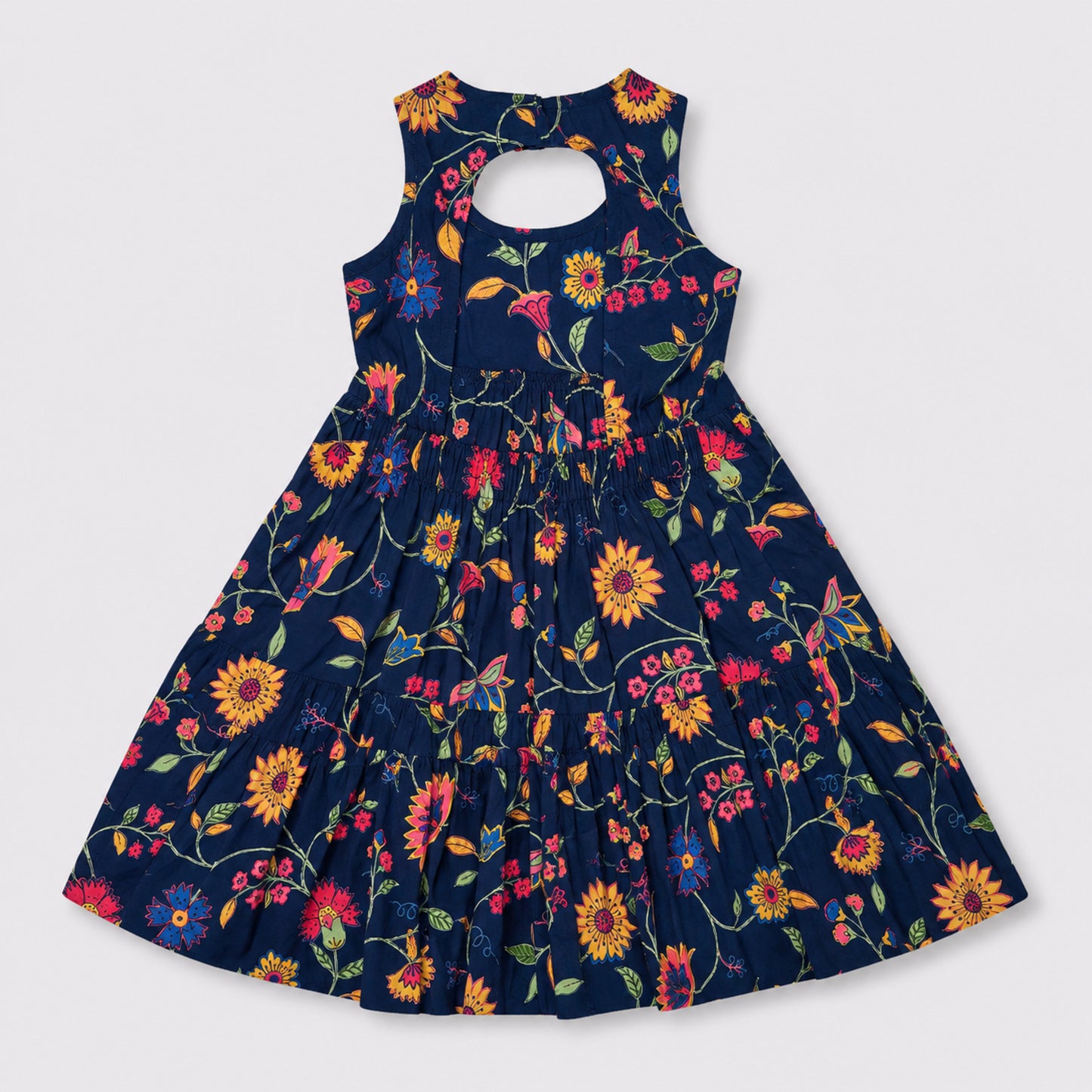 The Magic Wand Cambric Cotton Woven Sleeveless Floral Printed Back Cut - Out Dress - Navy Blue