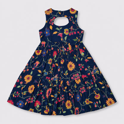 The Magic Wand Cambric Cotton Woven Sleeveless Floral Printed Back Cut - Out Dress - Navy Blue