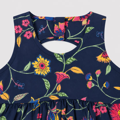 The Magic Wand Cambric Cotton Woven Sleeveless Floral Printed Back Cut - Out Dress - Navy Blue