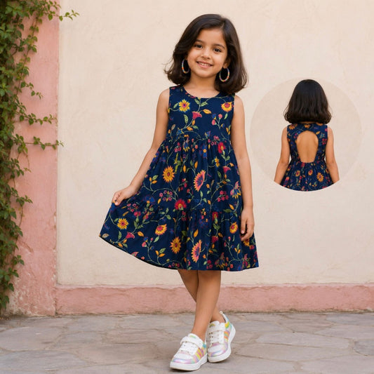 The Magic Wand Cambric Cotton Woven Sleeveless Floral Printed Back Cut - Out Dress - Navy Blue