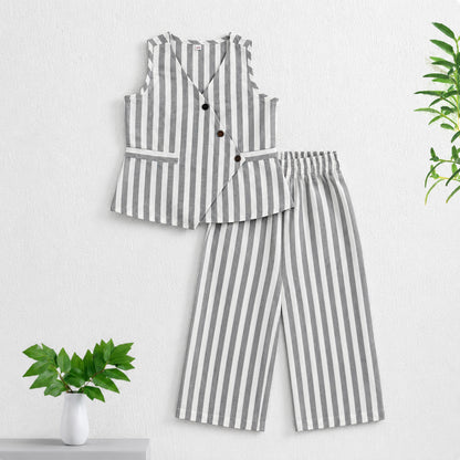 The Magic Wand Cotton Woven Sleeveless Striped Printed Overlap Waistcoat Top And Pant Co-Ord Set - Grey