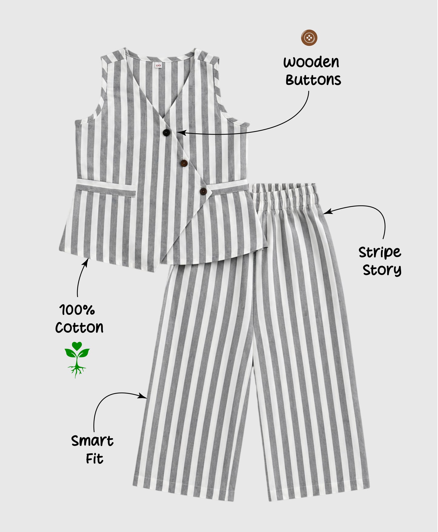 The Magic Wand Cotton Woven Sleeveless Striped Printed Overlap Waistcoat Top And Pant Co-Ord Set - Grey